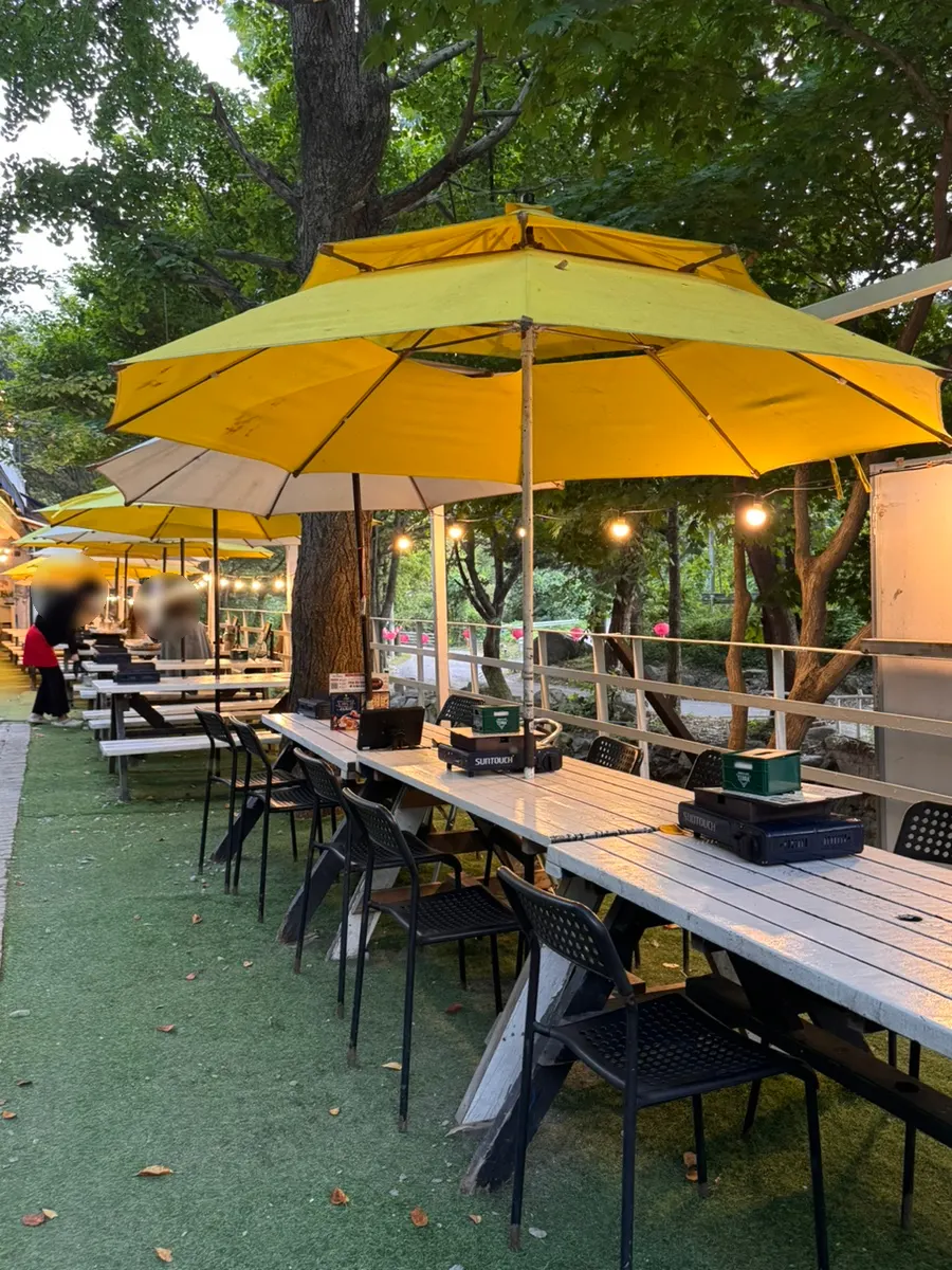Outdoor tables running alongside the stream