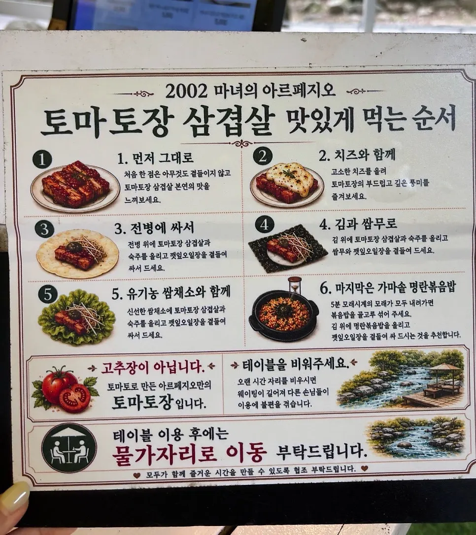 토마토장 삼겹살 맛있게 먹는 순서 안내판
