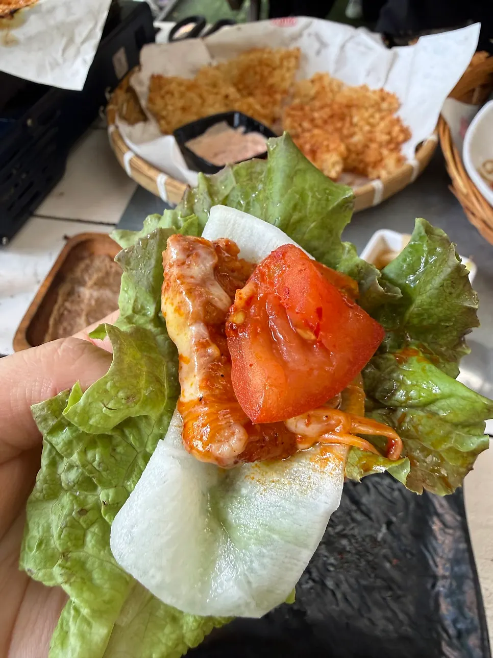 Pork belly wrapped in ssam vegetables