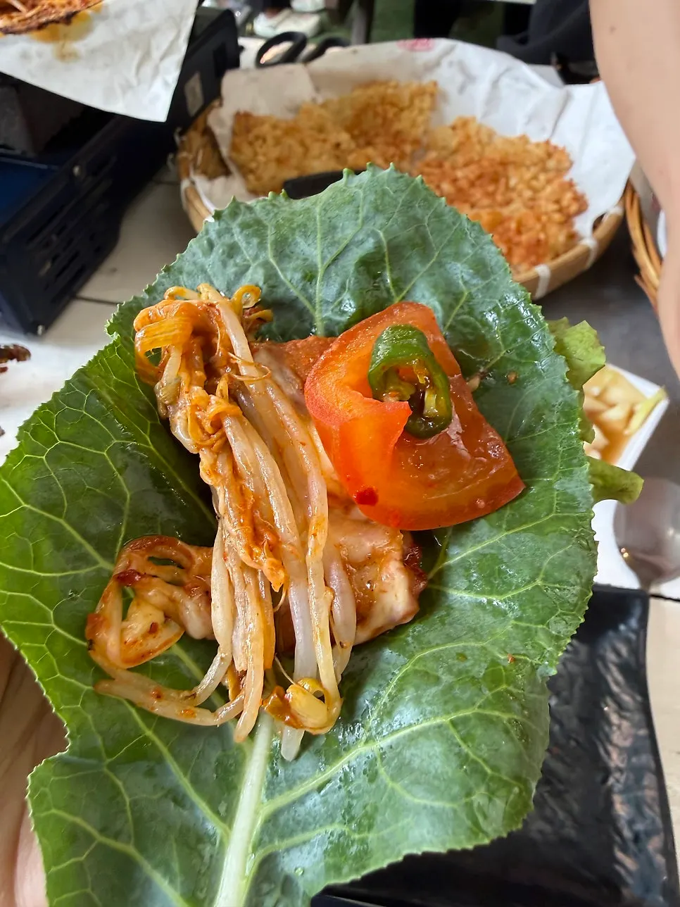 Pork belly wrap with bean sprouts and cheese