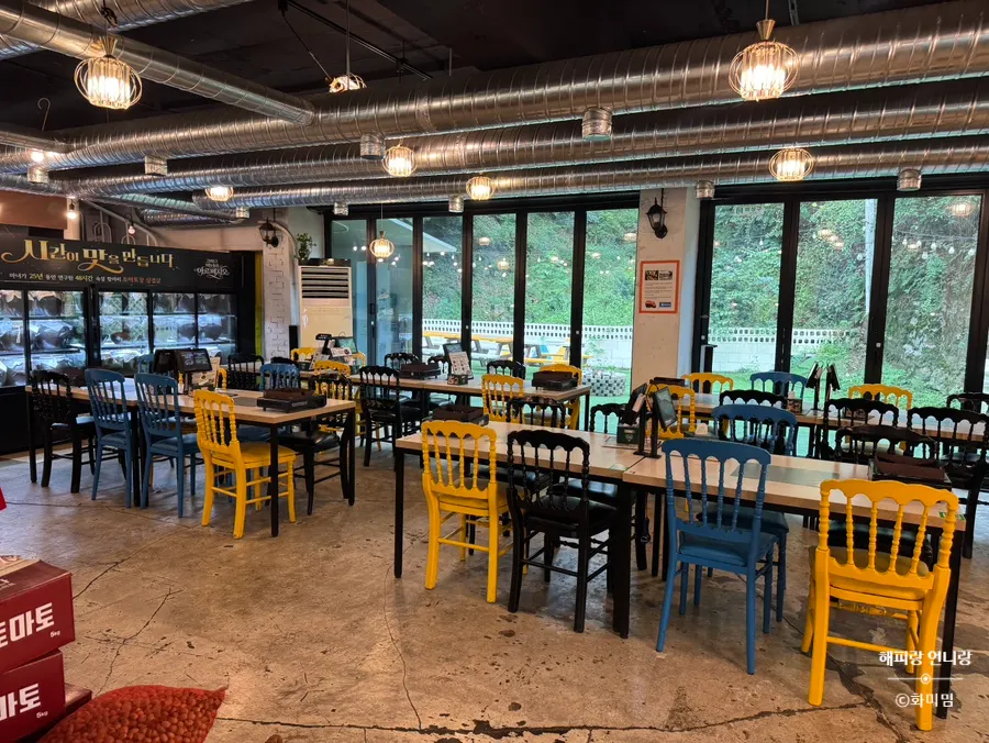 Outdoor tables on artificial turf under yellow parasols