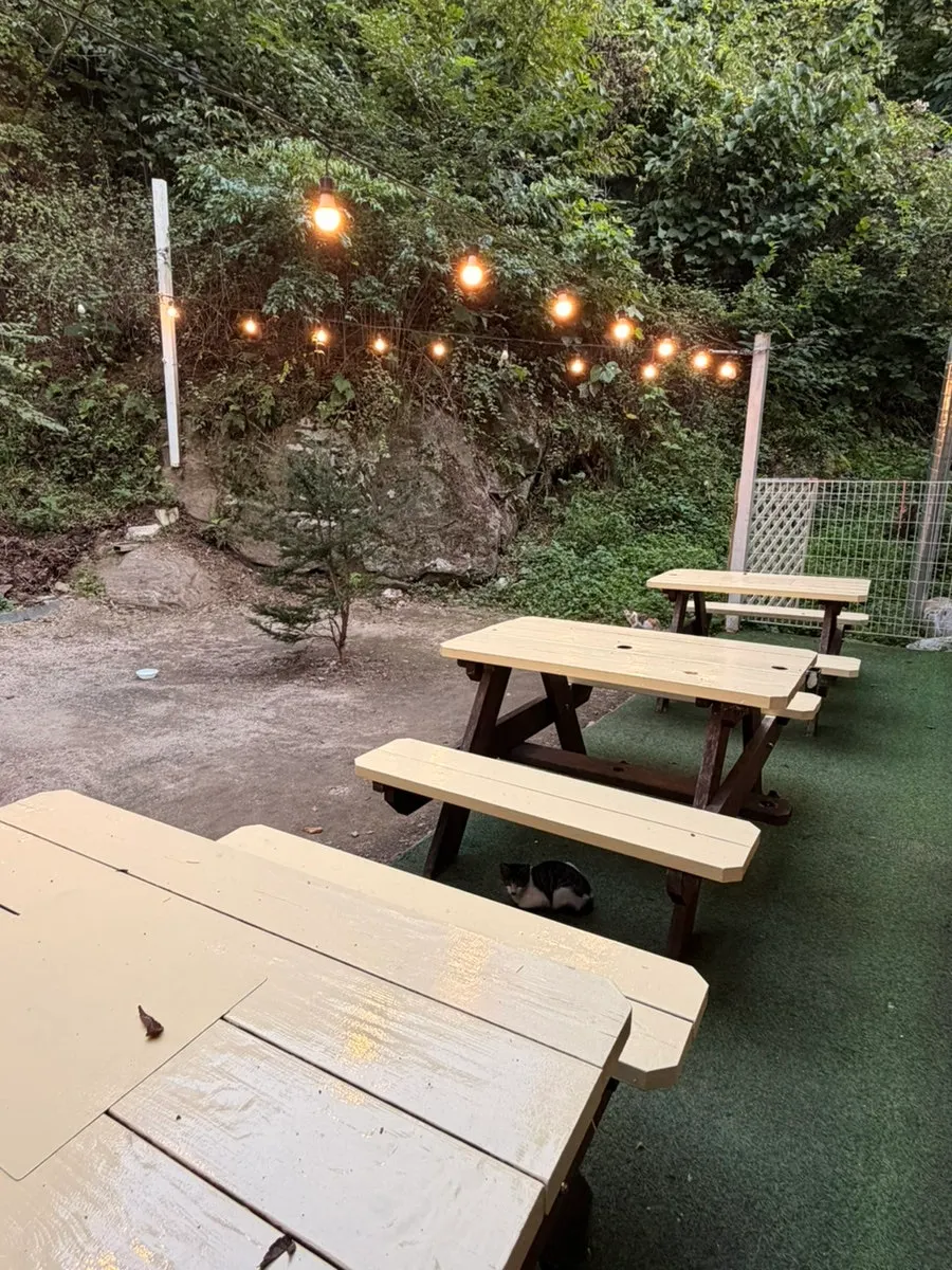 Outdoor tables on the other side facing the mountain