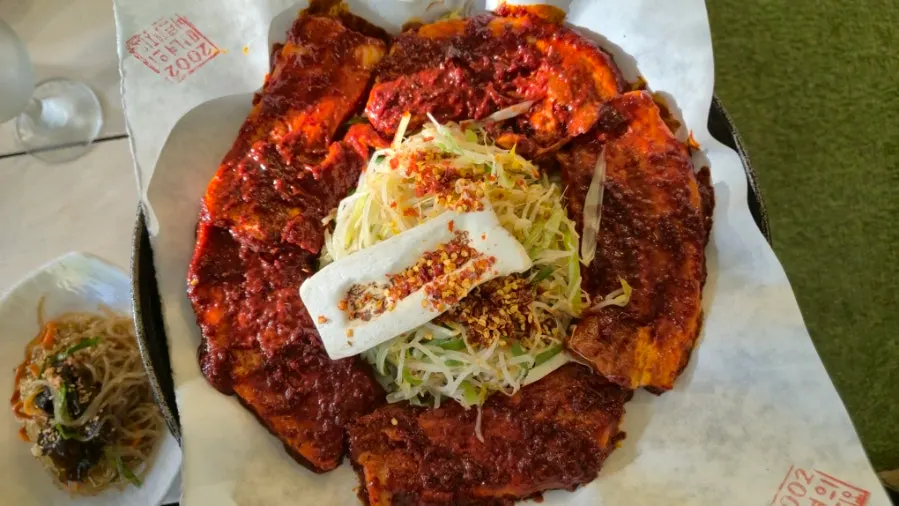 Two servings of cheese-free tomato-jang pork belly