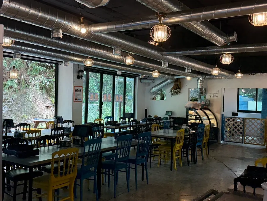 Full view of outdoor tables in front of the creek