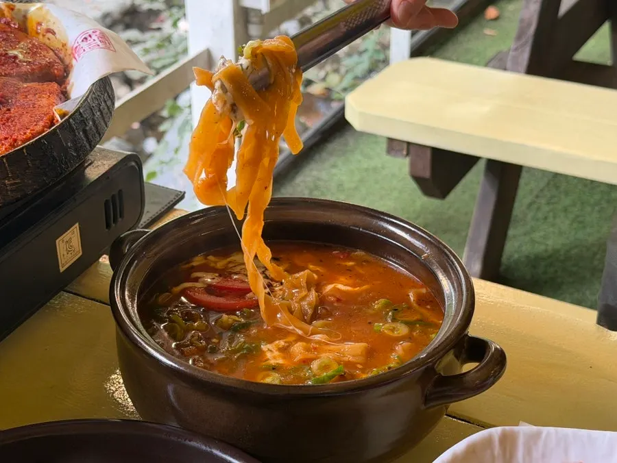 Hand-kneaded noodles in red tomato-jang broth