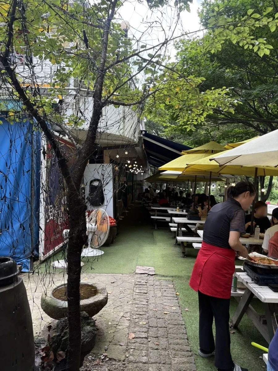 Outdoor seating set up next to the creek