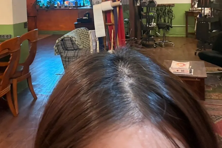 Hair with grown-out roots before coloring