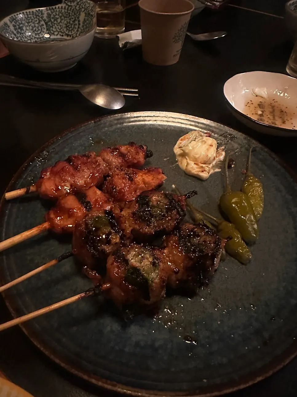 Pork belly scallion skewers and chicken skewers