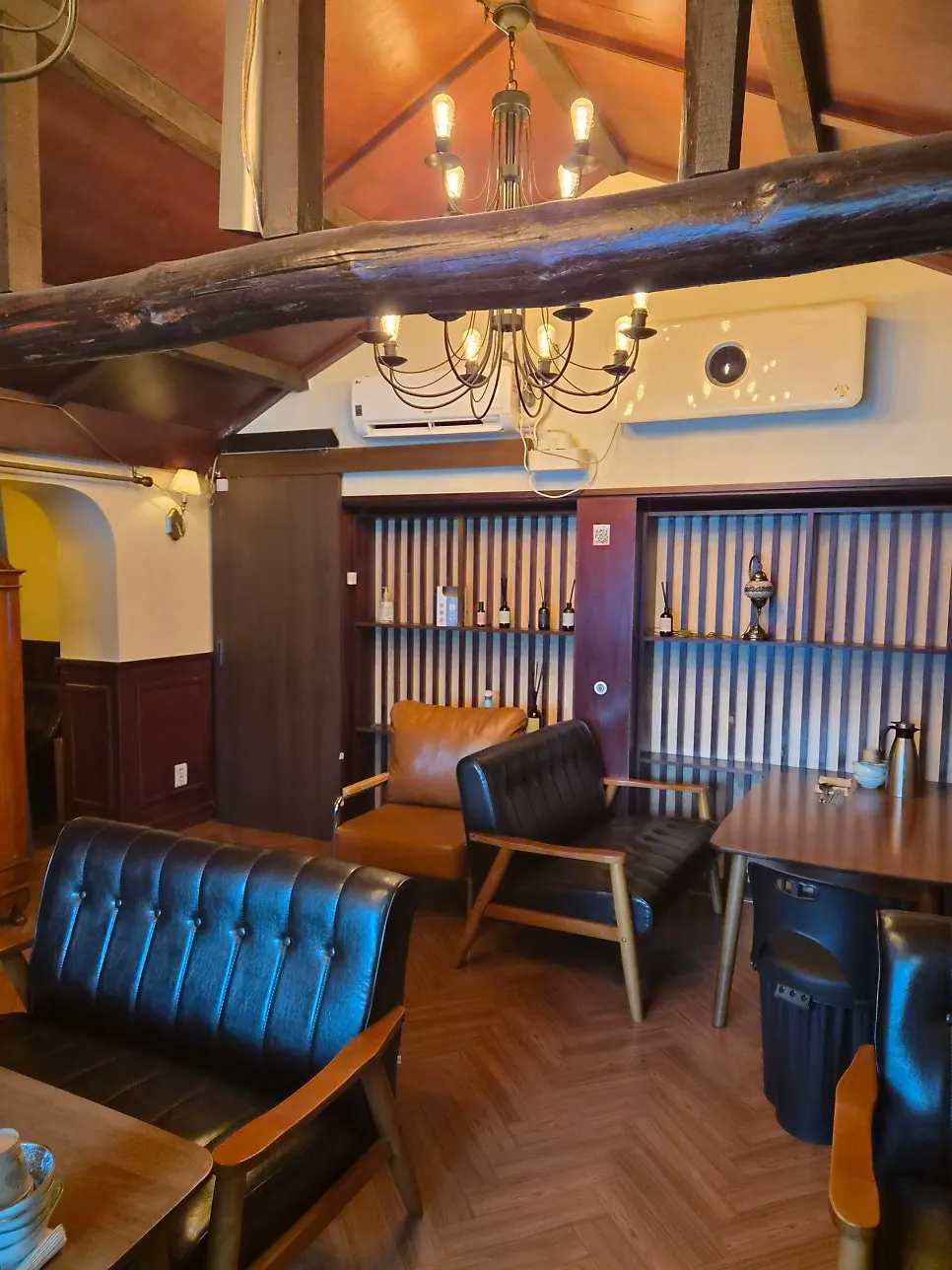 Exposed rafters on the second-floor ceiling