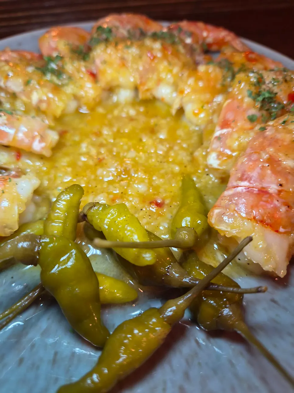 Pickled mountain chili served alongside the shrimp