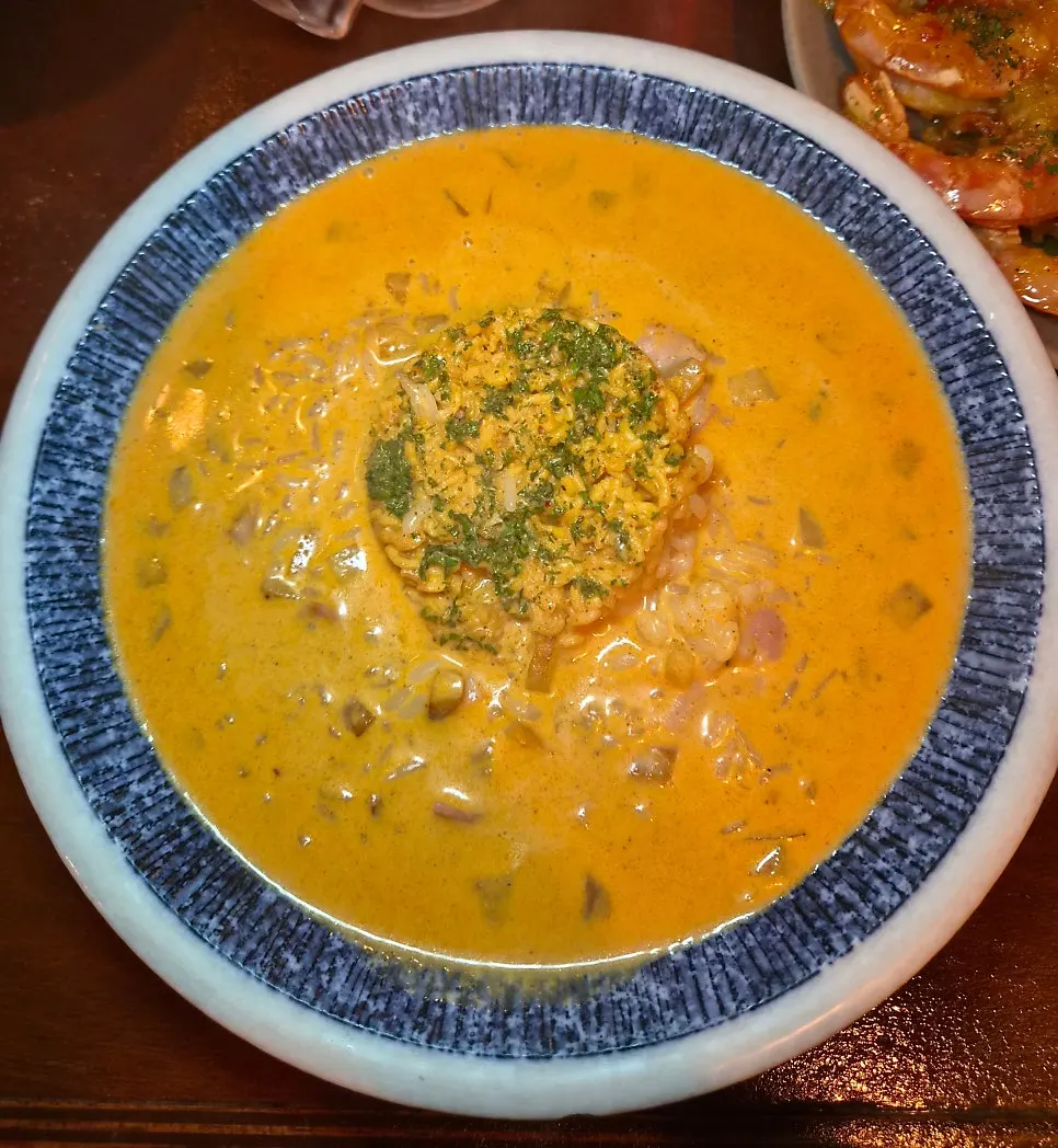 Close-up of the shin ramyeon risotto at Nani Byeolgwan