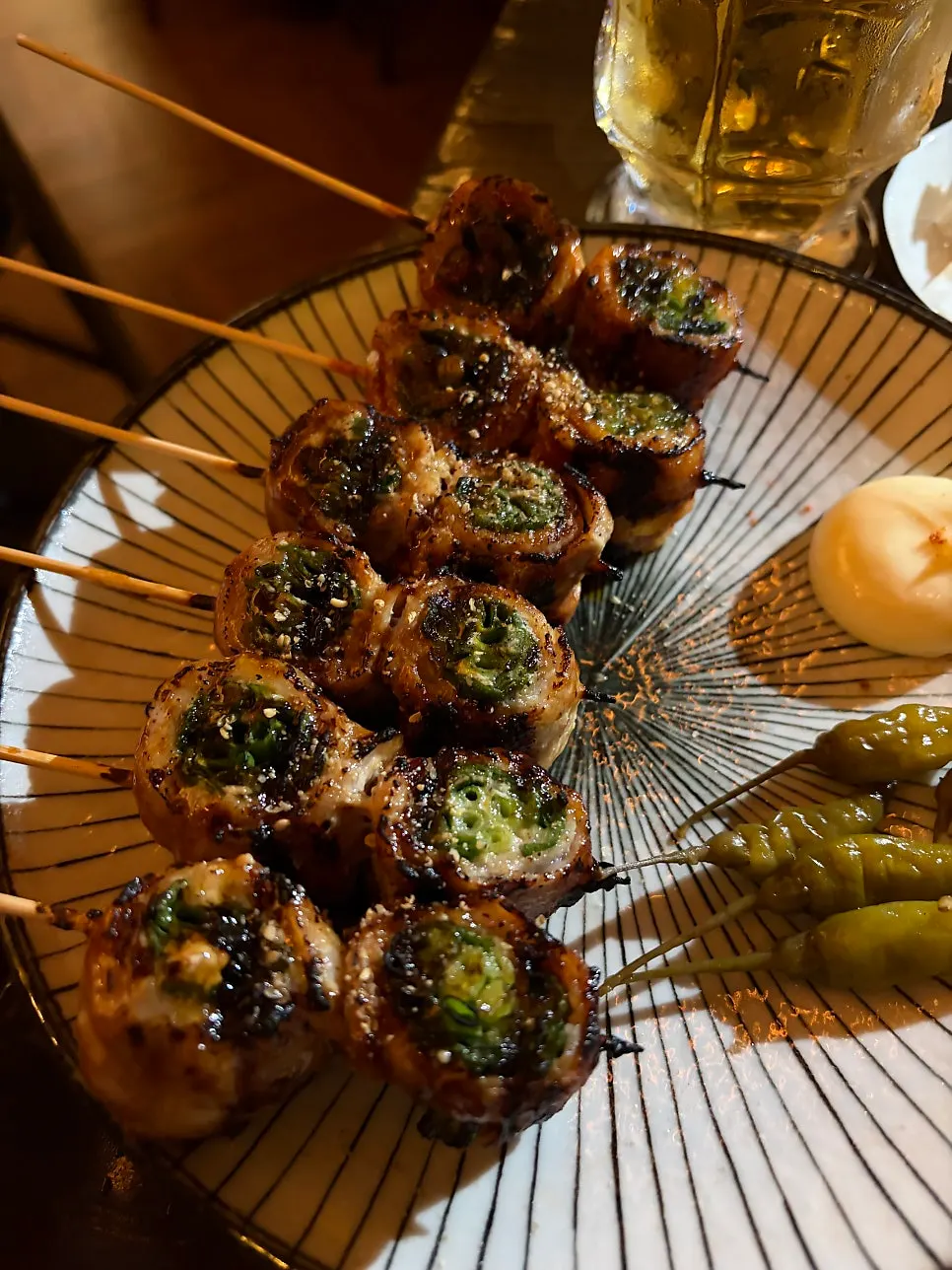 Mayo and cheongyang chili served alongside the skewers