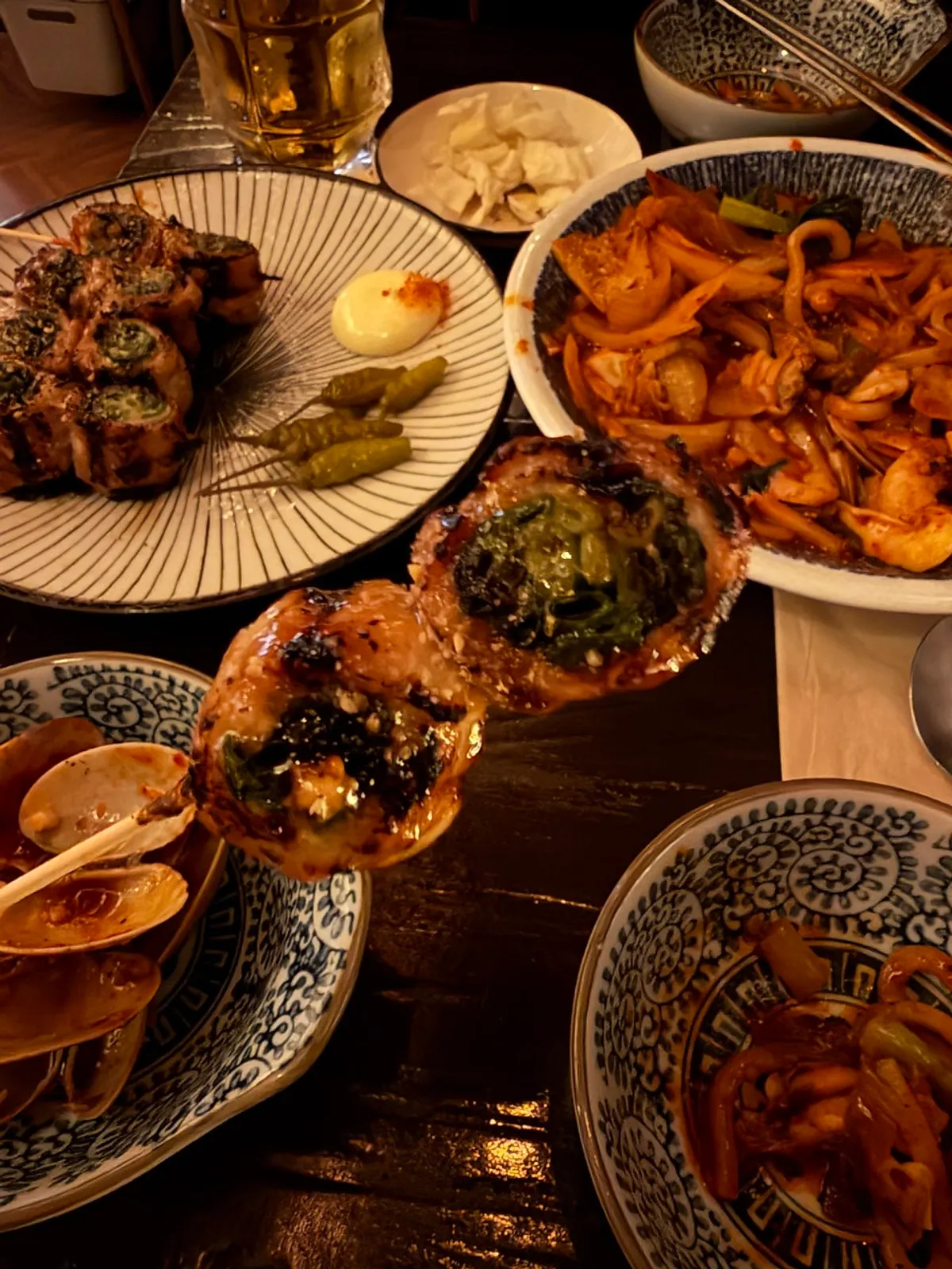 Table at Nani Byeolgwan Yeongdeungpo Branch with food and beer