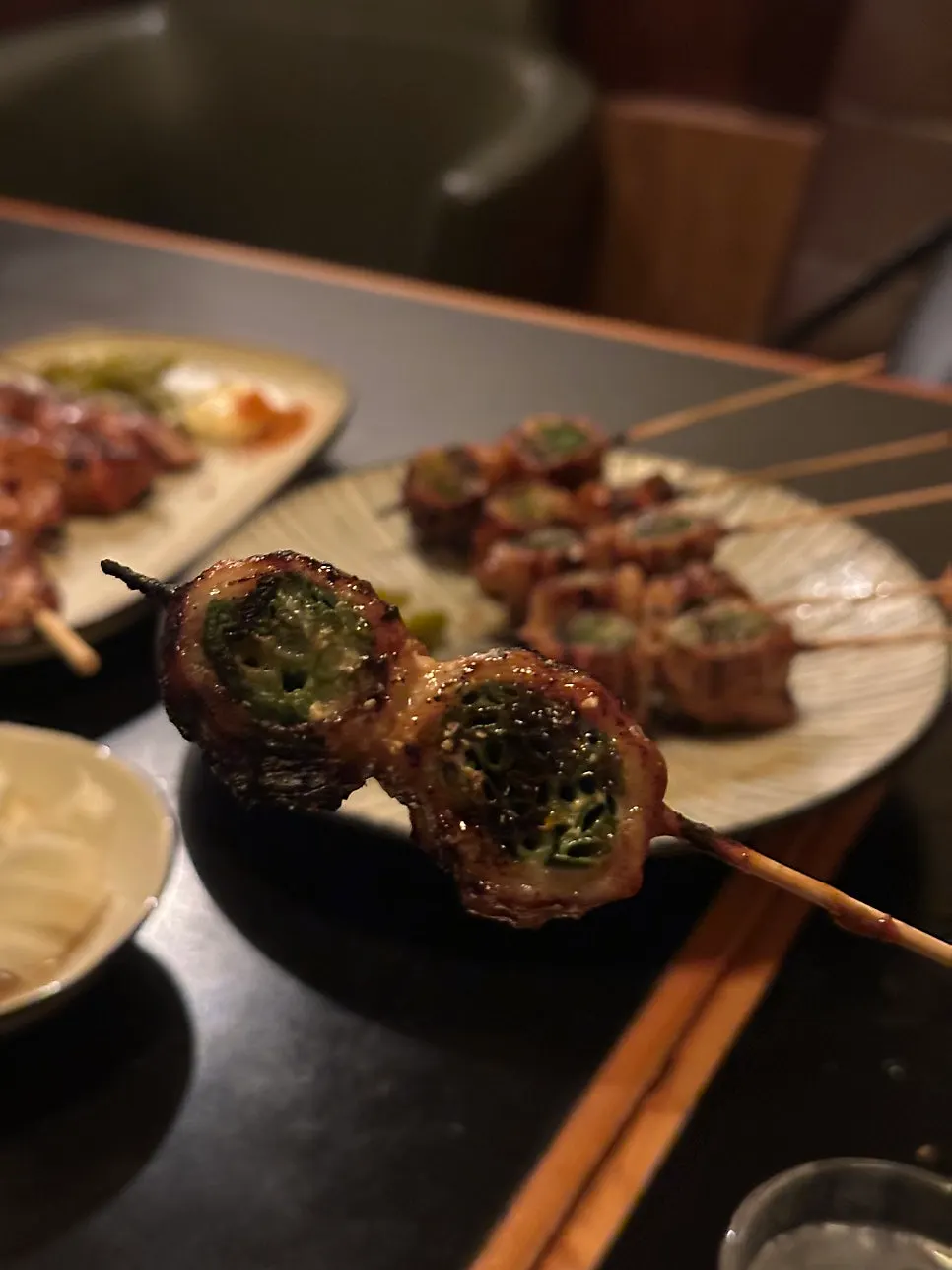 Pork belly and scallion skewers loaded with scallion, ₩15,000