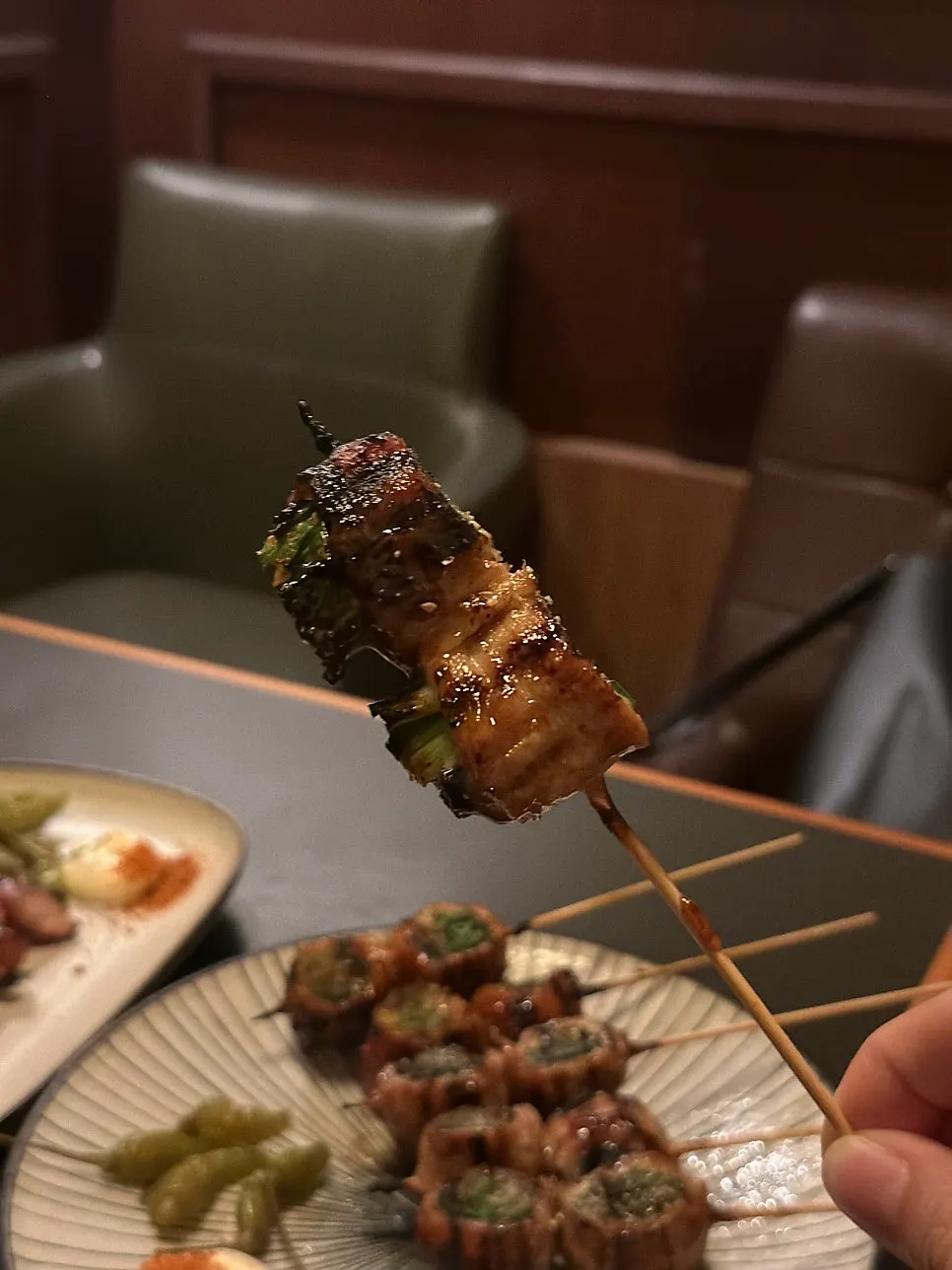 Pork belly and scallion skewers served with mayonnaise
