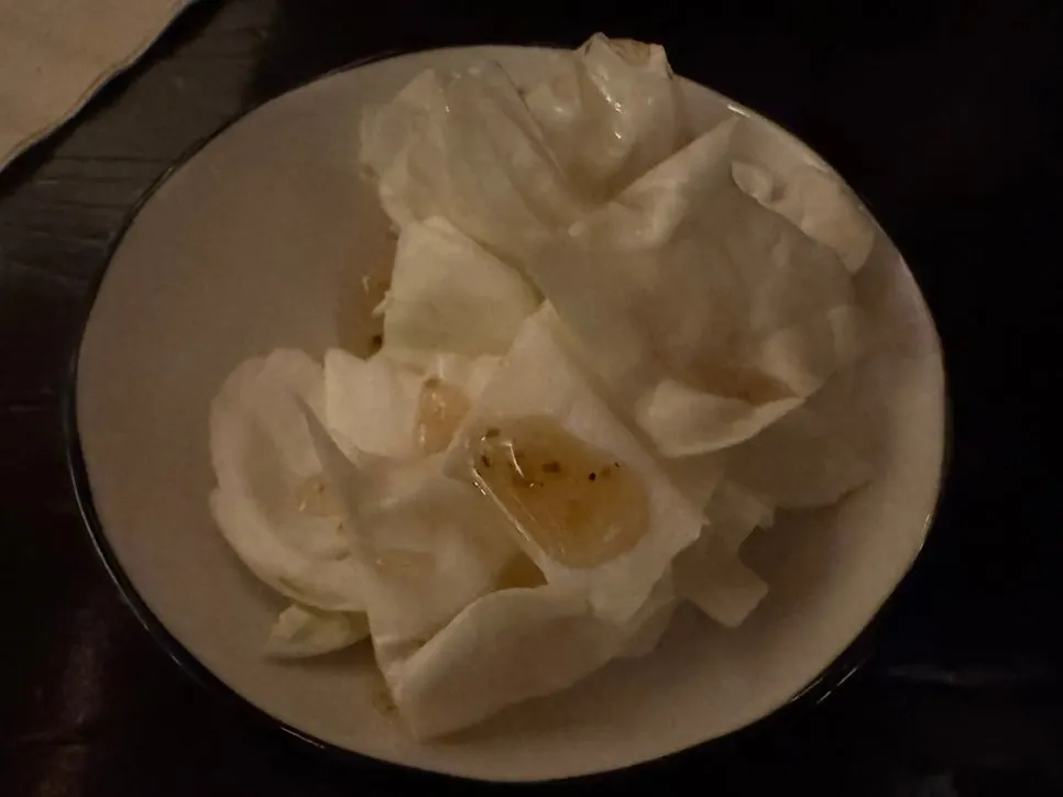 Complimentary cabbage salad with shiodare sauce