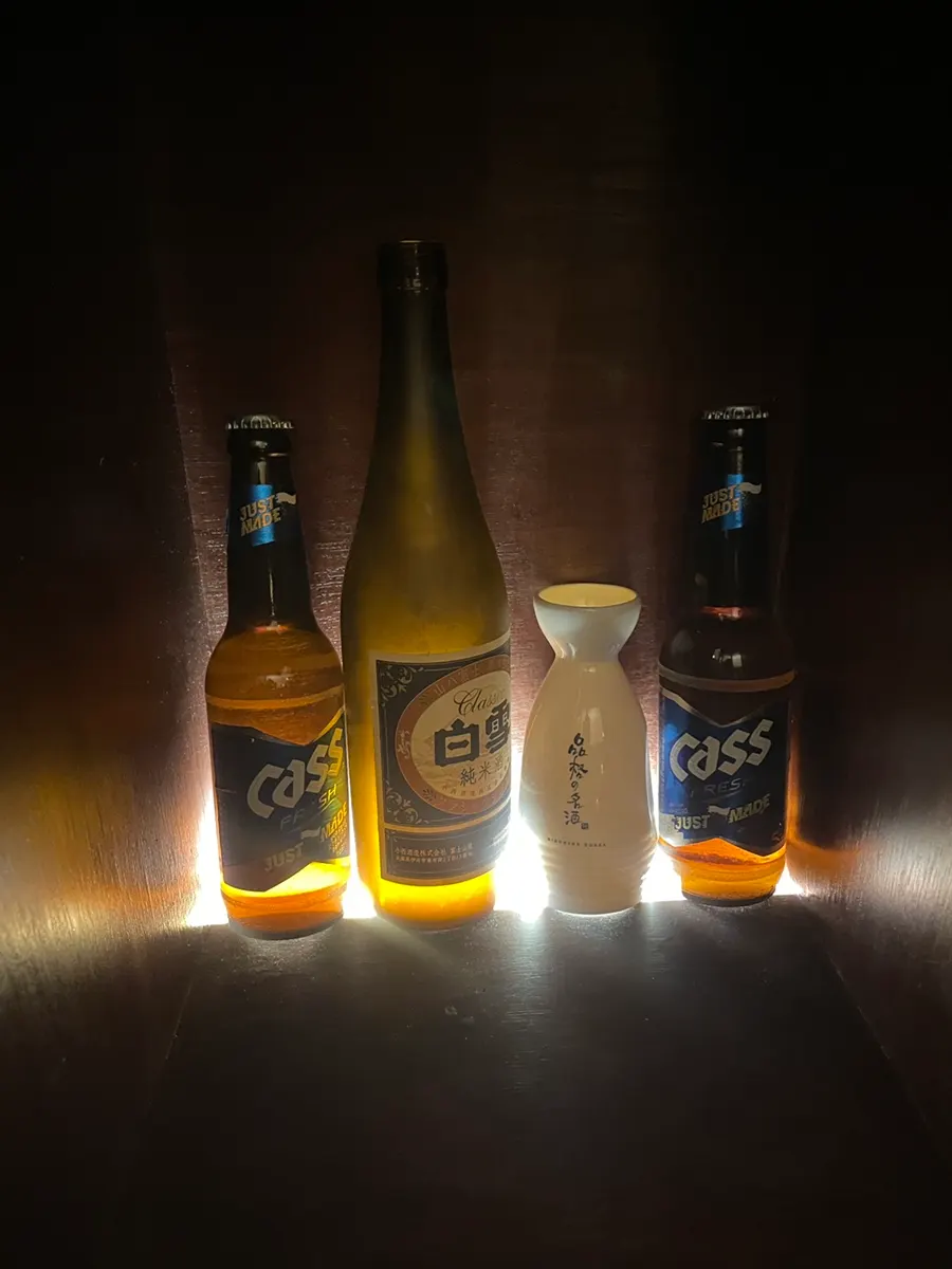 Dim-lit izakaya table seating