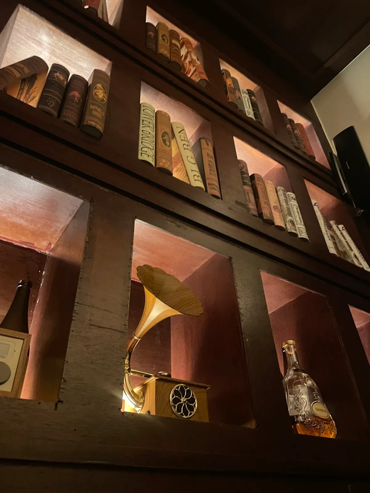 Dim-lit interior of a Japanese-style bar