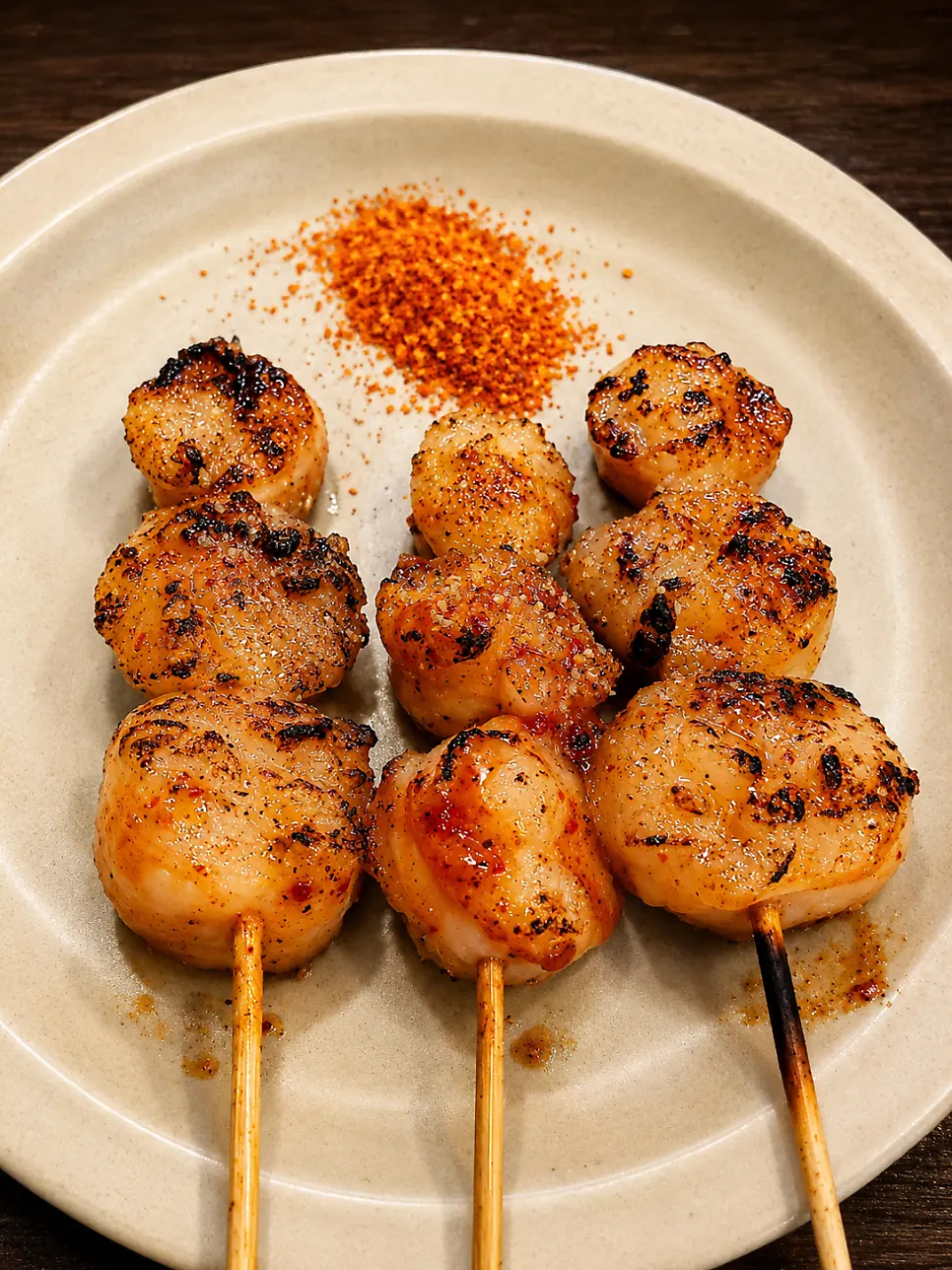Close-up of a beef intestine skewer being held