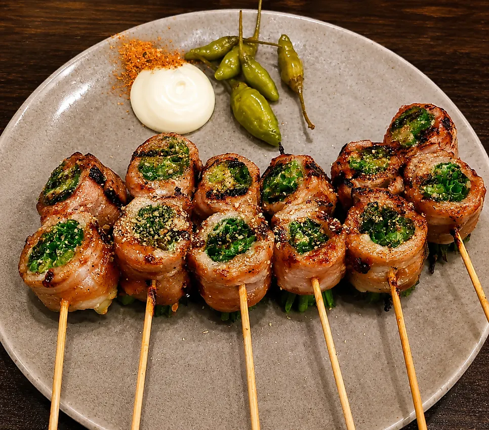 Six pork belly scallion skewers served together
