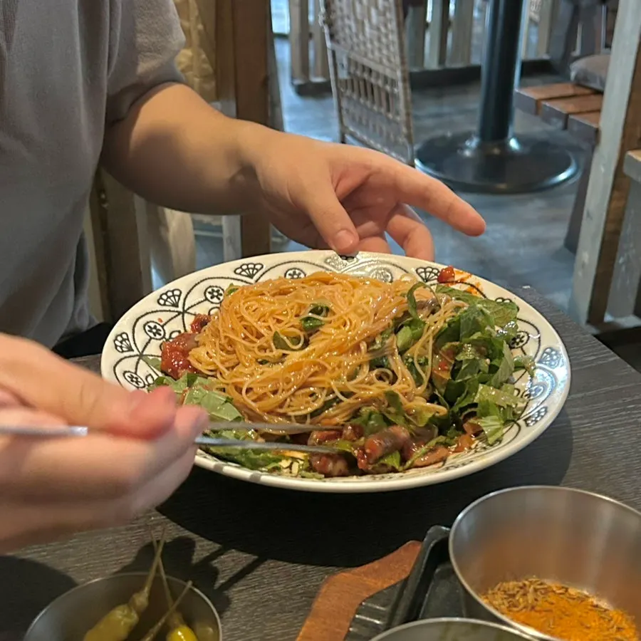 낙지가 올라간 들기름 파스타 클로즈업