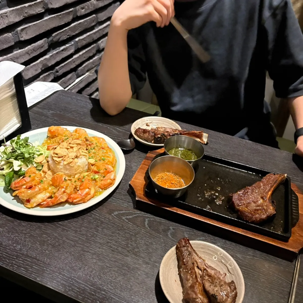 The lamb shoulder rack and butter garlic king shrimp combo