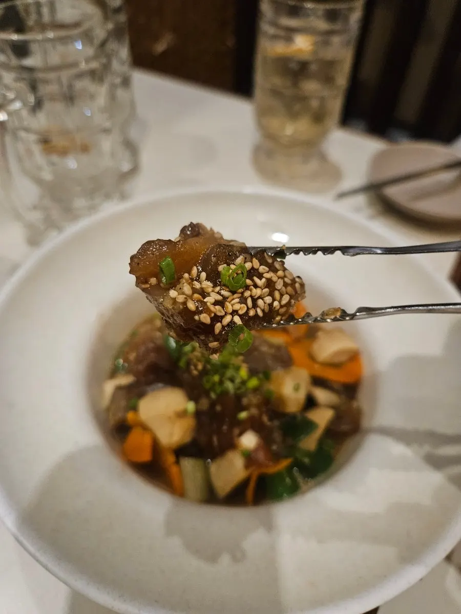 Close-up of beef tendon soaked in soy sauce