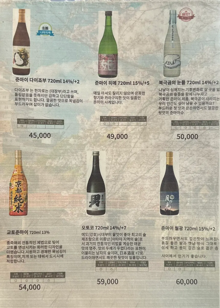 나니 여의도점 사케와 일본 술 메뉴판