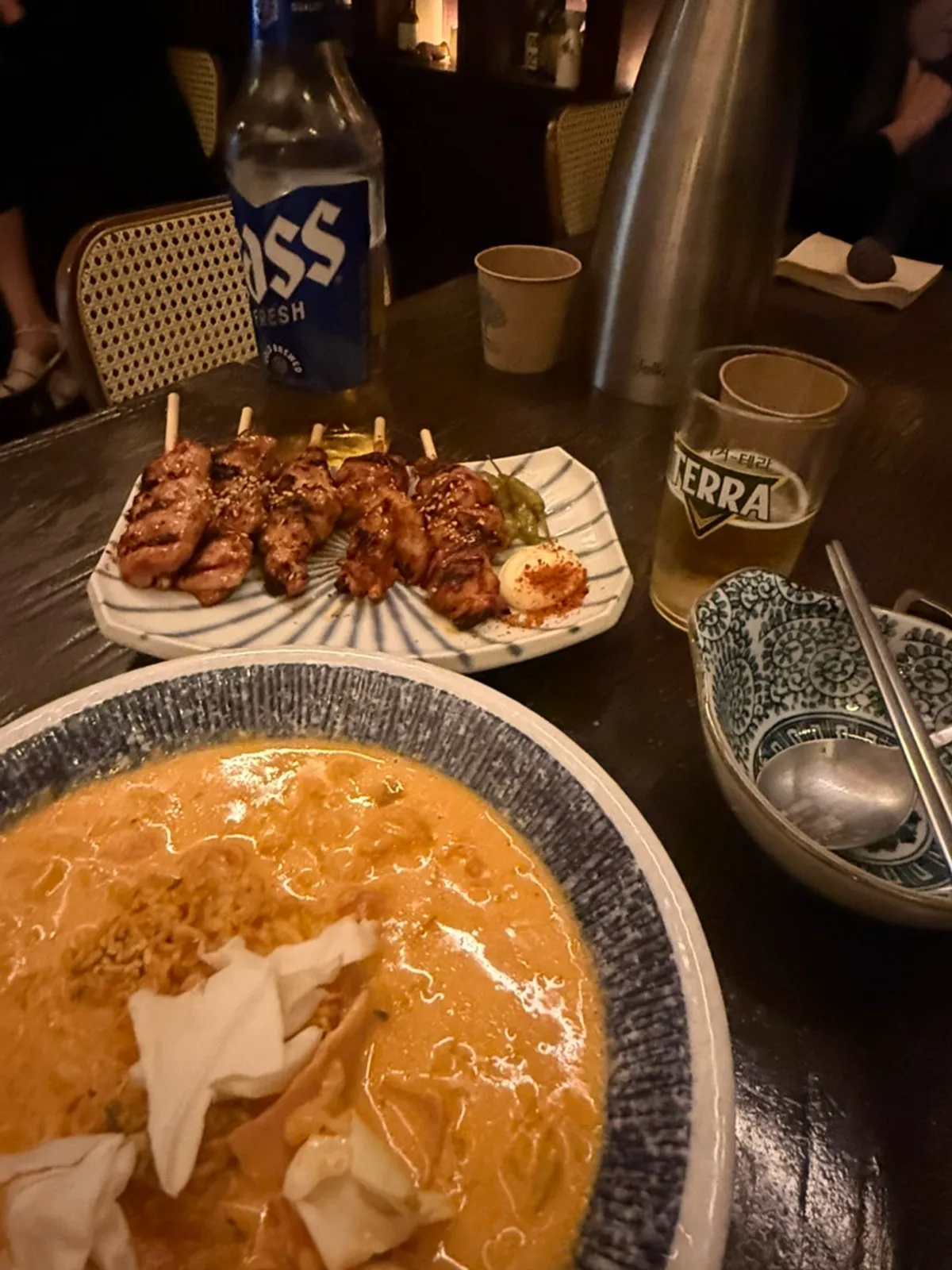 Table set with skewers and Sinramyeon risotto