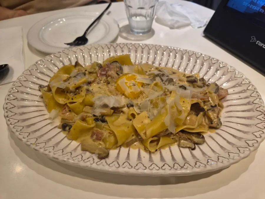 A plate of carbonara pappardelle