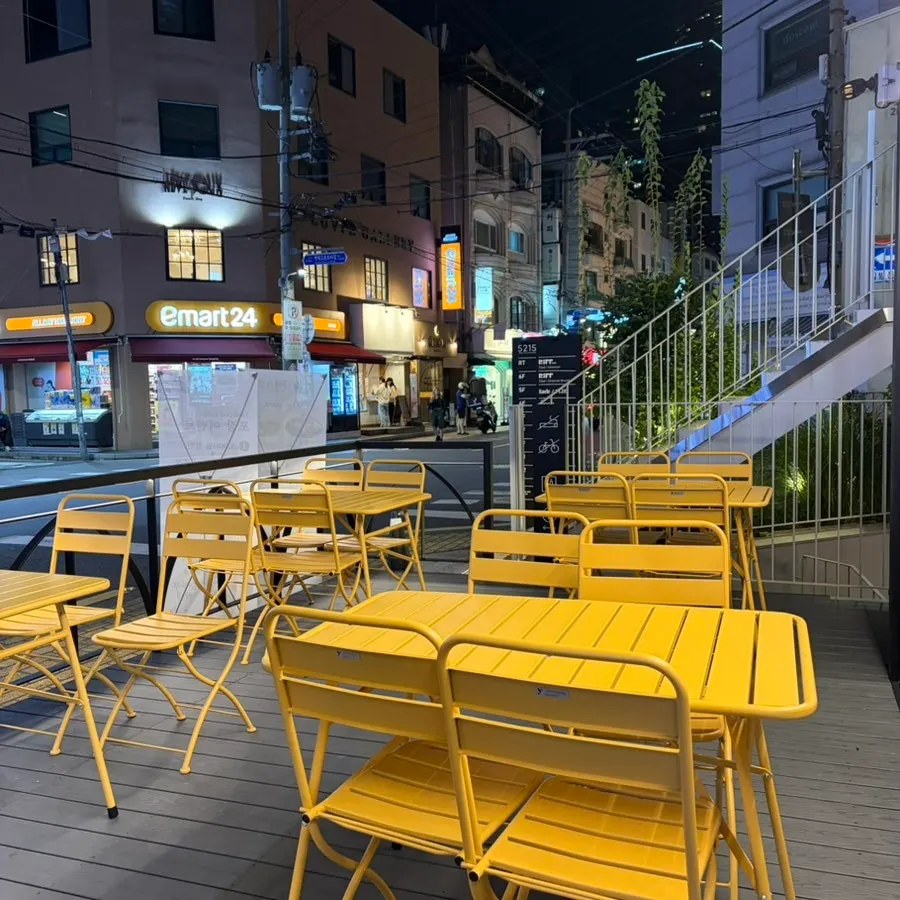 Atmospheric outdoor seating in front of the restaurant