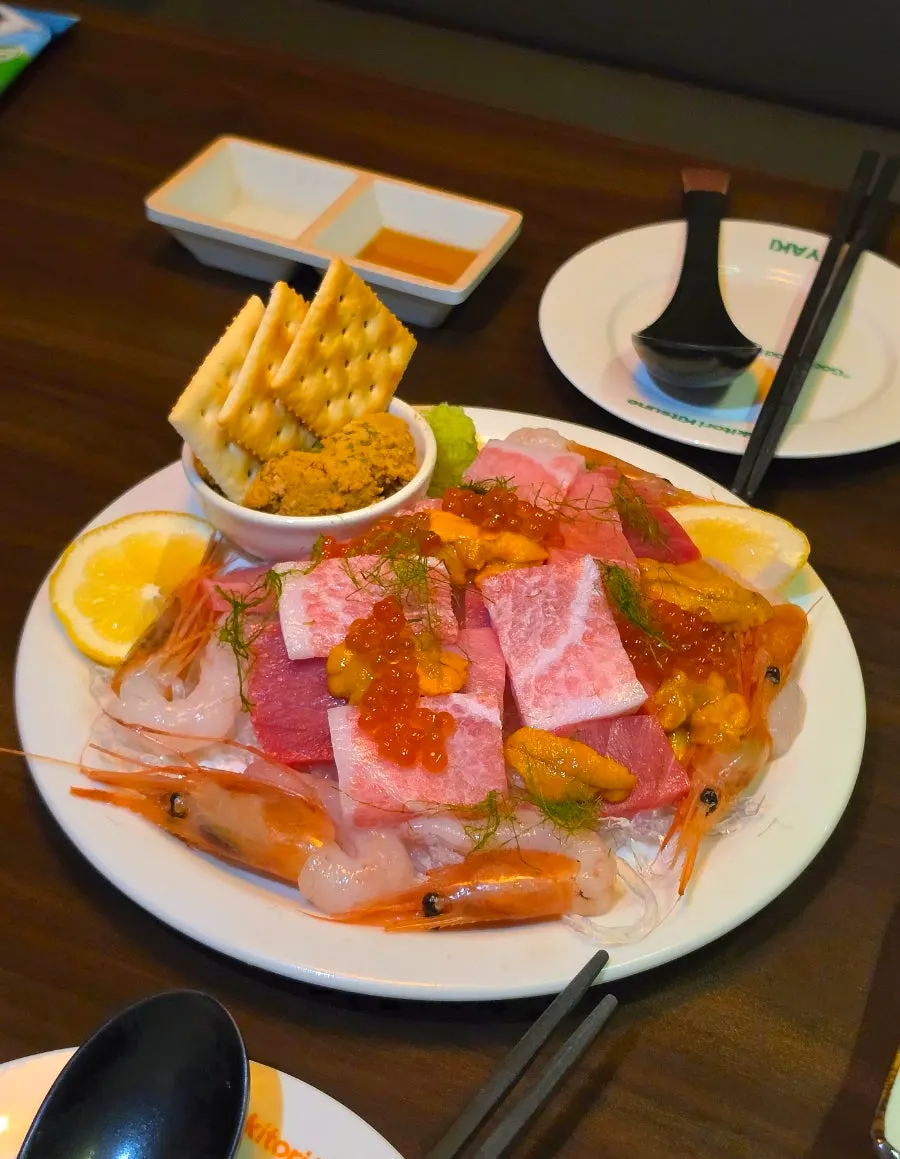 Tuna, uni, and sweet shrimp seafood menu