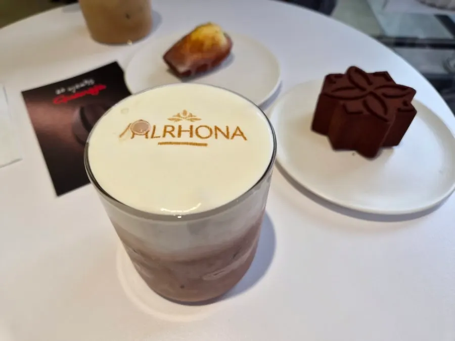 A glass of iced Valrhona Guanaha mocha