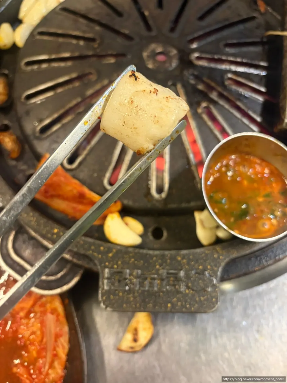 Rice cake turning golden brown on the grill