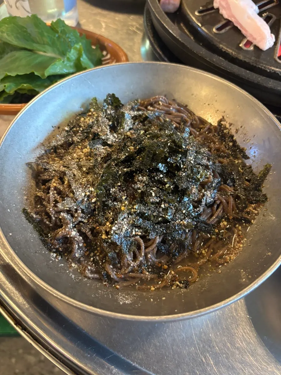 A bowl of perilla oil mak-guksu noodles