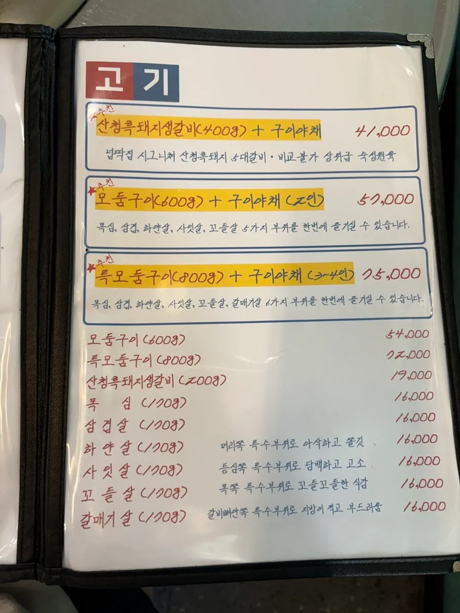 Menu listing descriptions of different pork cuts
