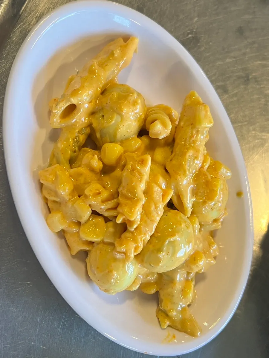 Close-up of the macaroni salad with quail eggs