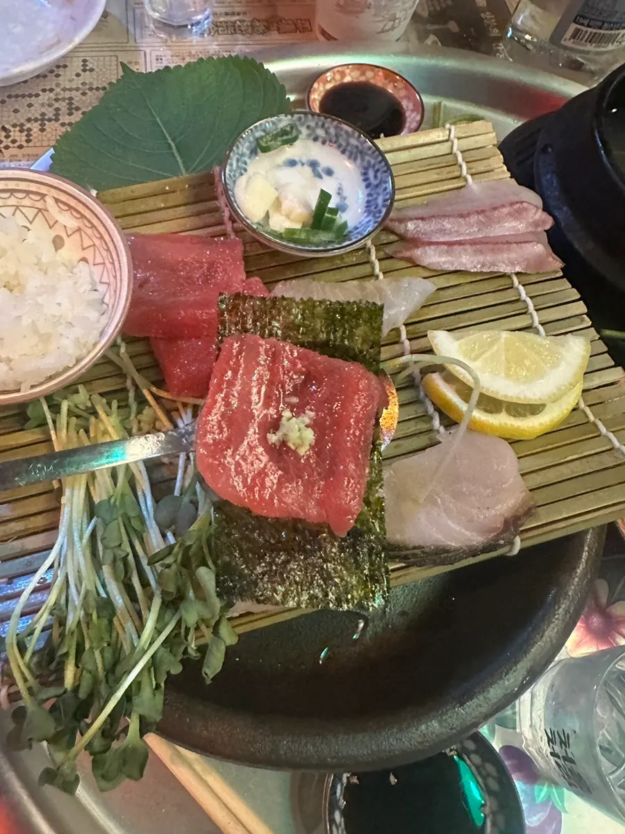 Thickly sliced aged tuna sashimi