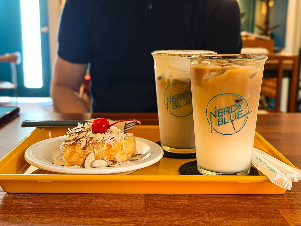 Final shot of coffee and dessert at Nerdy Blue Burrow