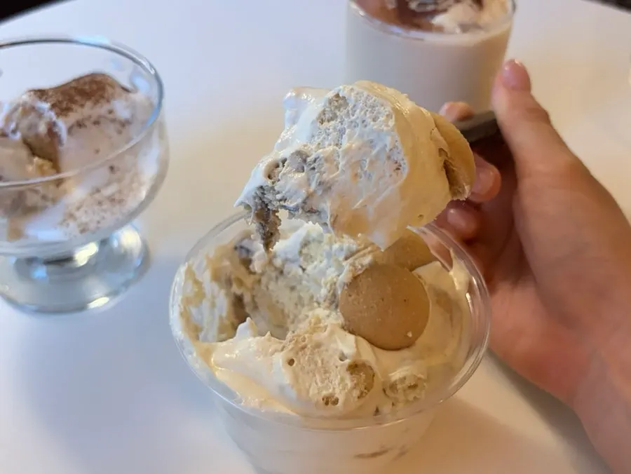Cross-section of the pudding showing banana pieces