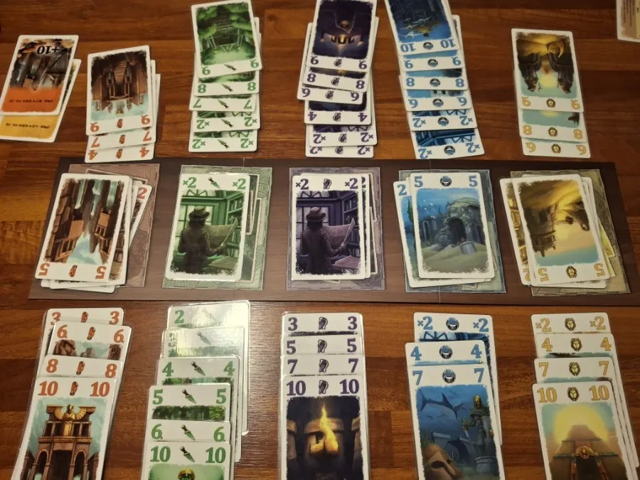 Lost Cities game board in progress