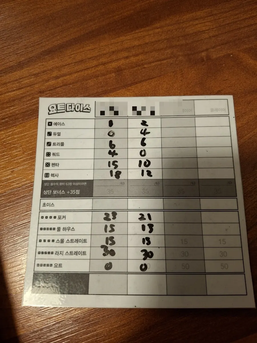 Score sheet from the Yacht Dice game