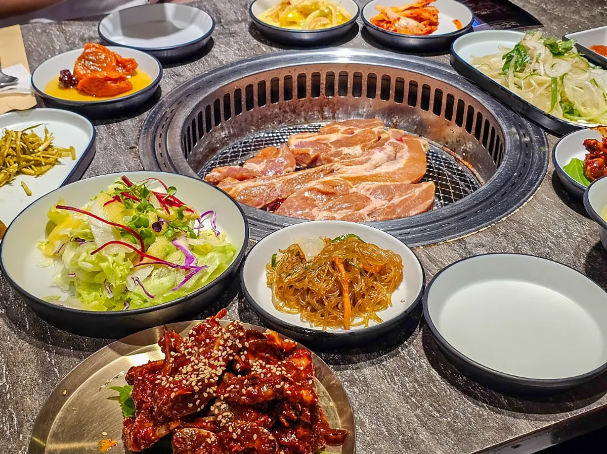 Table spread of marinated pork ribs and ordered dishes at Nocheongol Bupyeong Main Branch