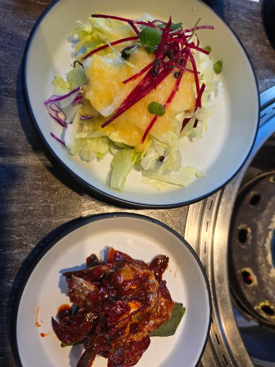 Yangnyeom galbi table setting with basic side dishes