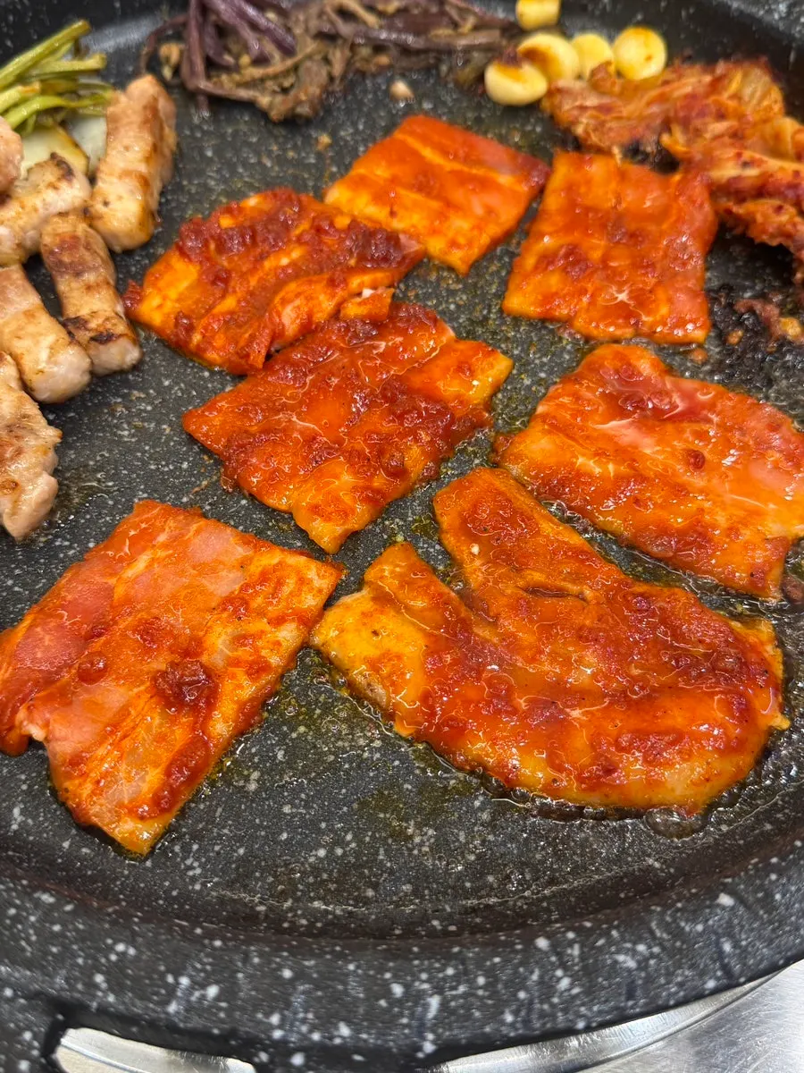 Gochujang pork belly grilled as the finishing dish