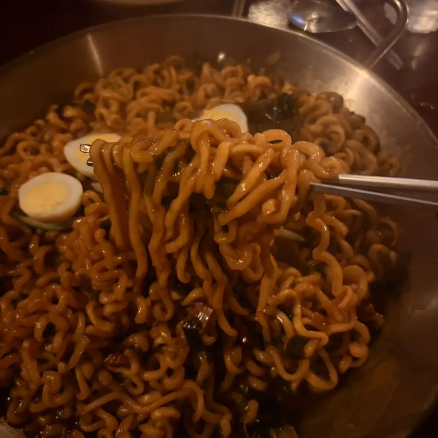 Close-up of jjapaguri with perfectly cooked noodles