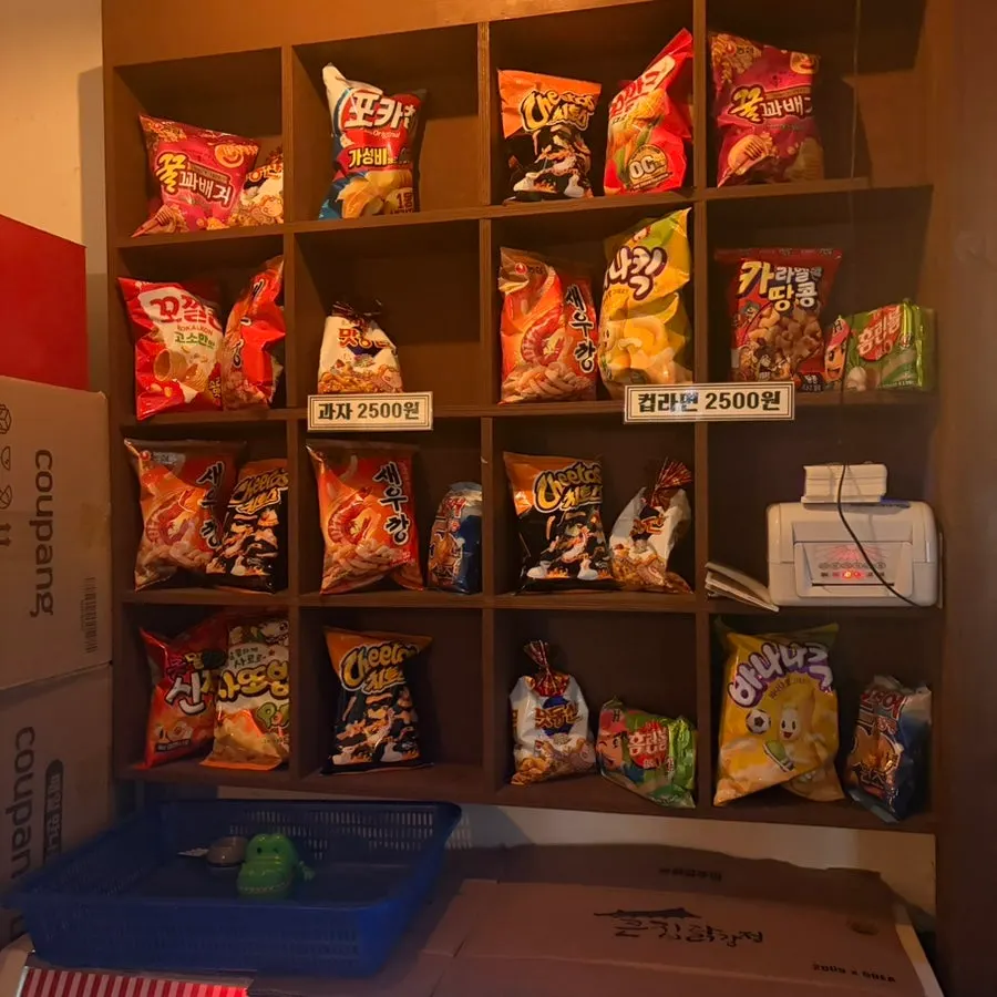 Snacks displayed on one side of the shop