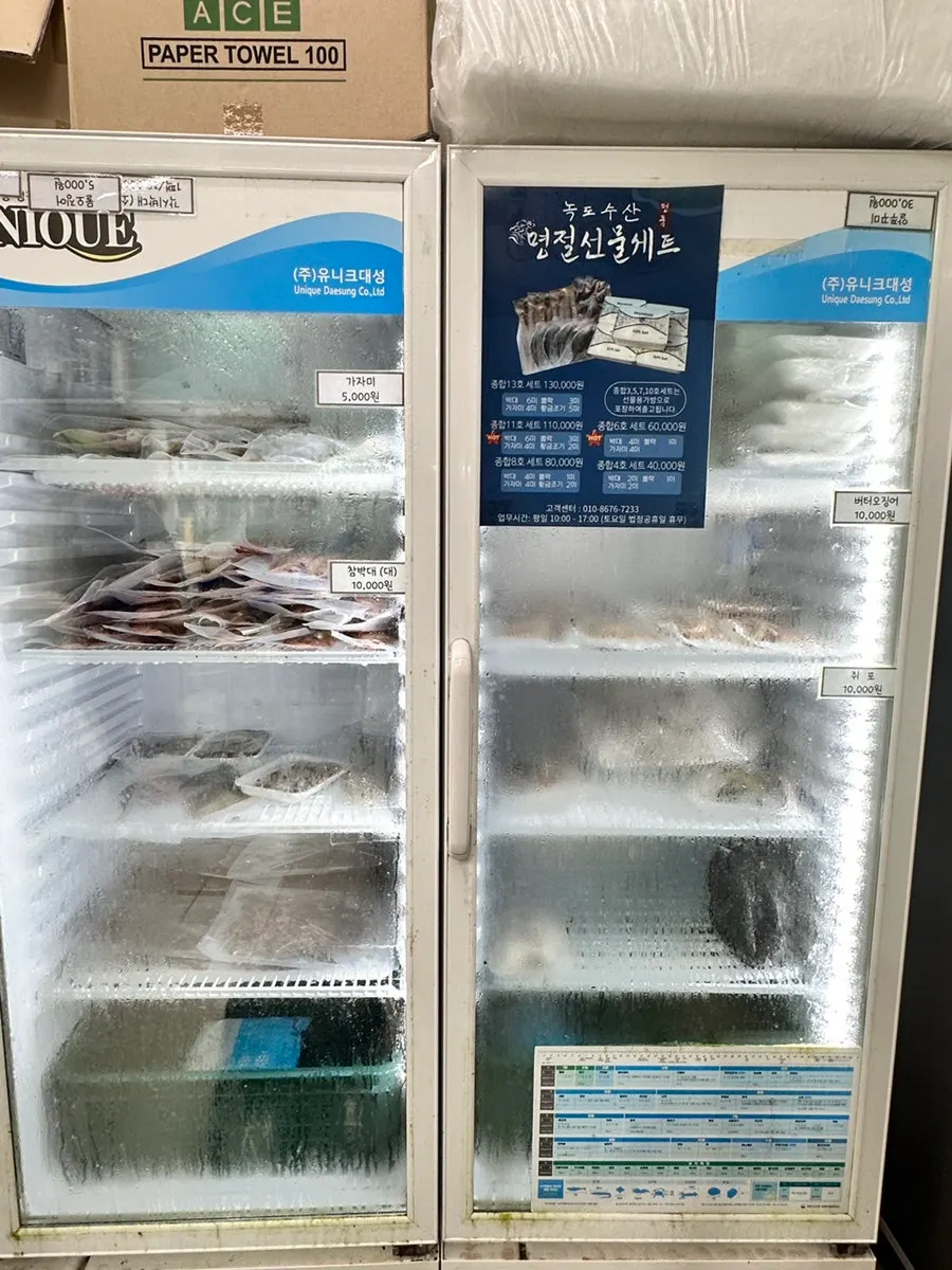 Freezer with flounder and squid frozen seafood
