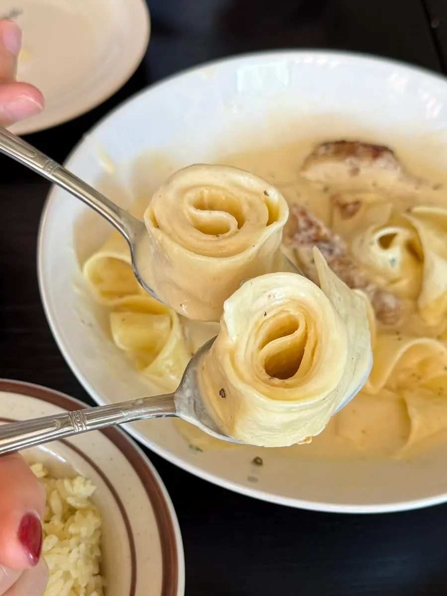 Chicken alfredo cream pasta made with flat noodles