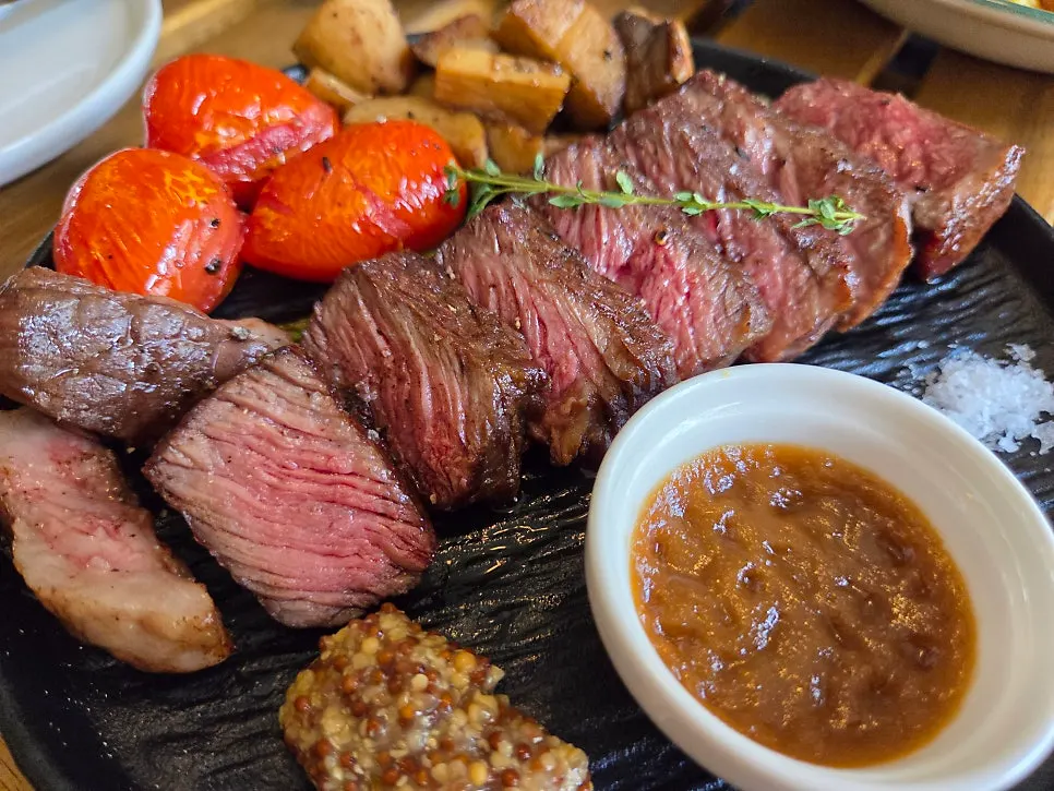 Cross-section of a medium-rare chuck flap steak